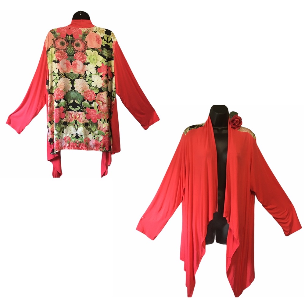 Cha Cha Vente 2X coral & floral Waterfall front cardigan tunic top jacket